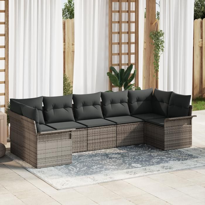VidaXL Ensemble de Canapé de Jardin 7 pièces avec Coussins Gris Poly Rattan 3345509