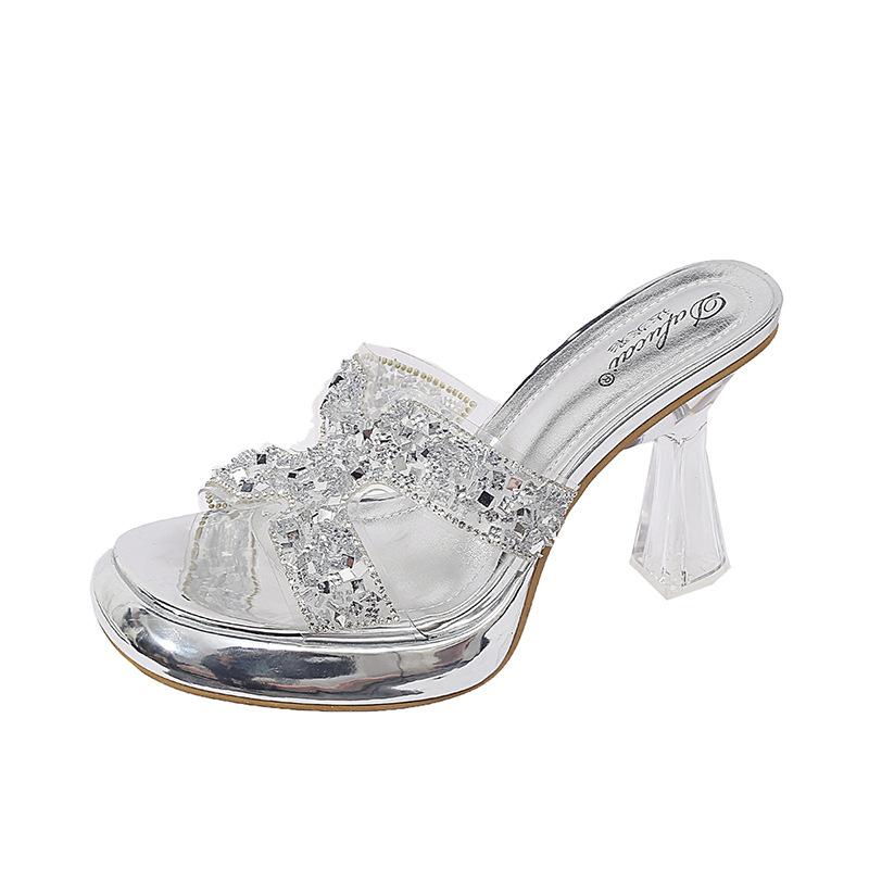 Sexy Waterproof Desk High-heeled Cool Slippers Women's Spring Summer Rhinestone Outer Wear Banquet Thick-heeled One-word Slippers