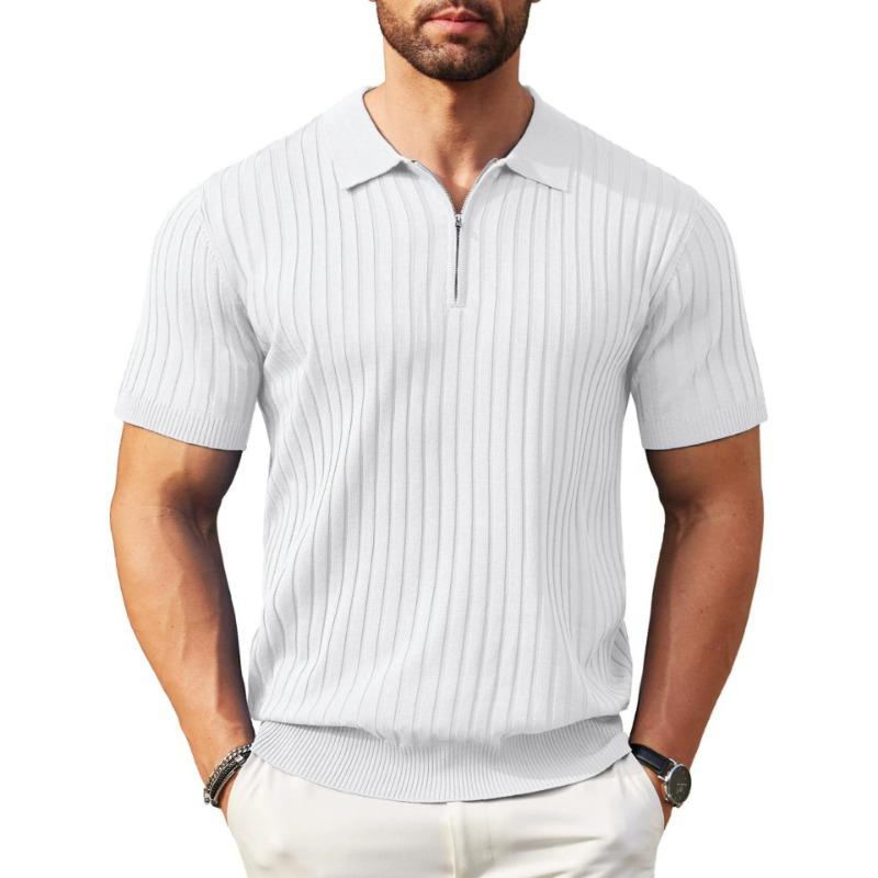 Men Ribbed Knit Polo Shirt Short Sleeve Half Zip Up Solid Color Slim Fit Casual Top S белый