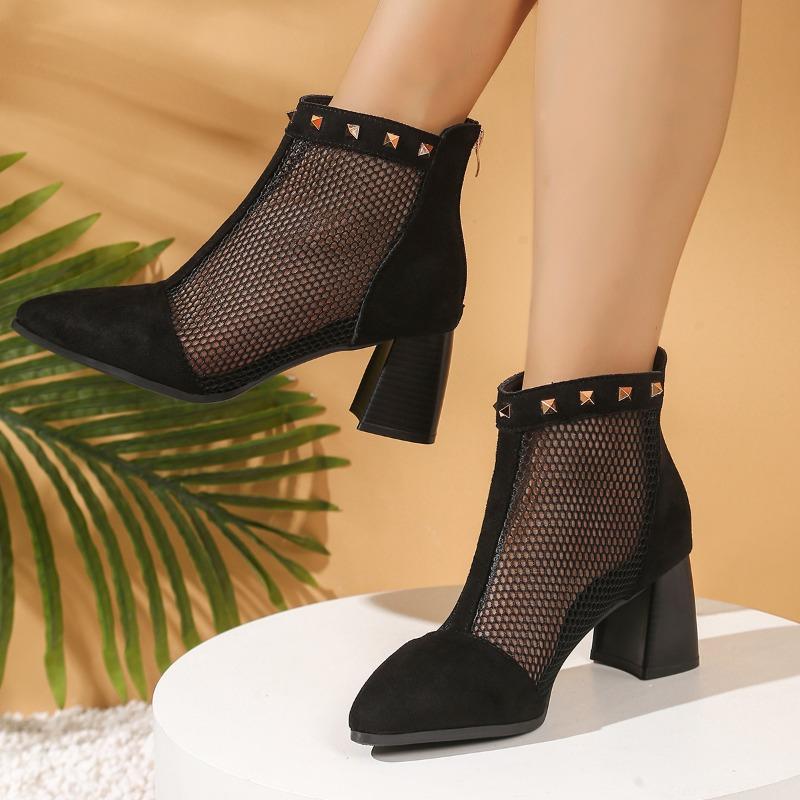 Studded Spliced Block Heel Sandals Summer New Spliced Mesh Cutout Breathable Rear Zipper Non-Slip Heels