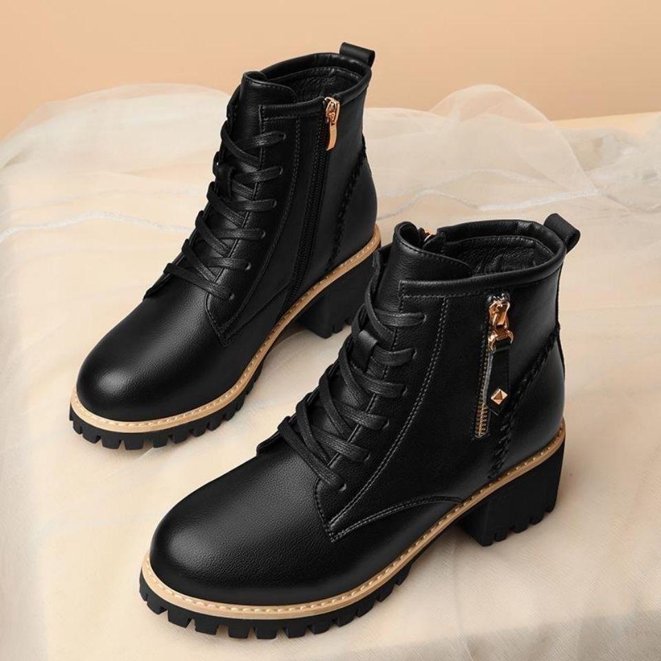 Boots Ankle New Autumn British Wind Genuine Leather Thick With Fur Ladies Short Boots Motorcycle Heels Boots Women Footwear
