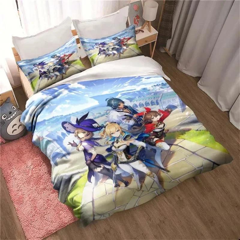 Genshin Impact Game Anime Bedding Set Printed Bed Set With Pillowcase Bed Duvet Cover Soft Single Double Queen Super King Size
