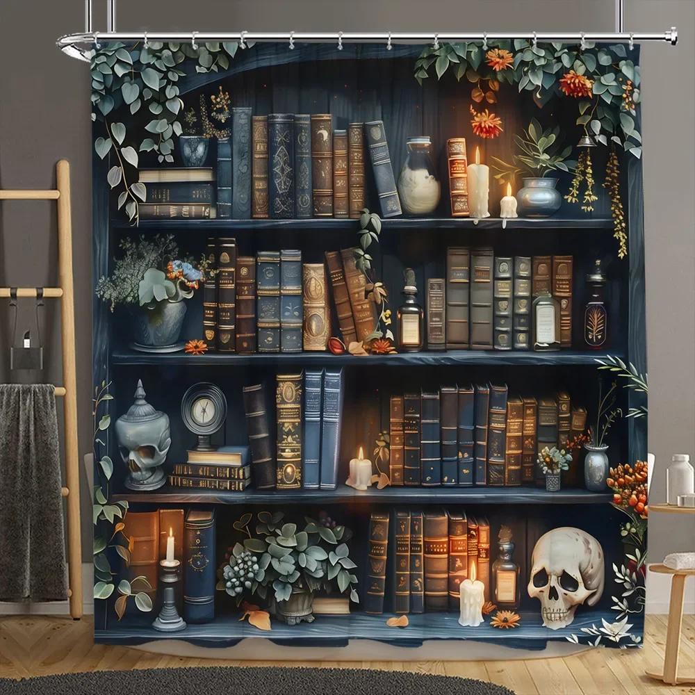 Vintage Library Shower Curtain Old Book Bookshelf Skull Halloween Candles Floral Plant Home Polyester Fabric Bathroom Decor Se