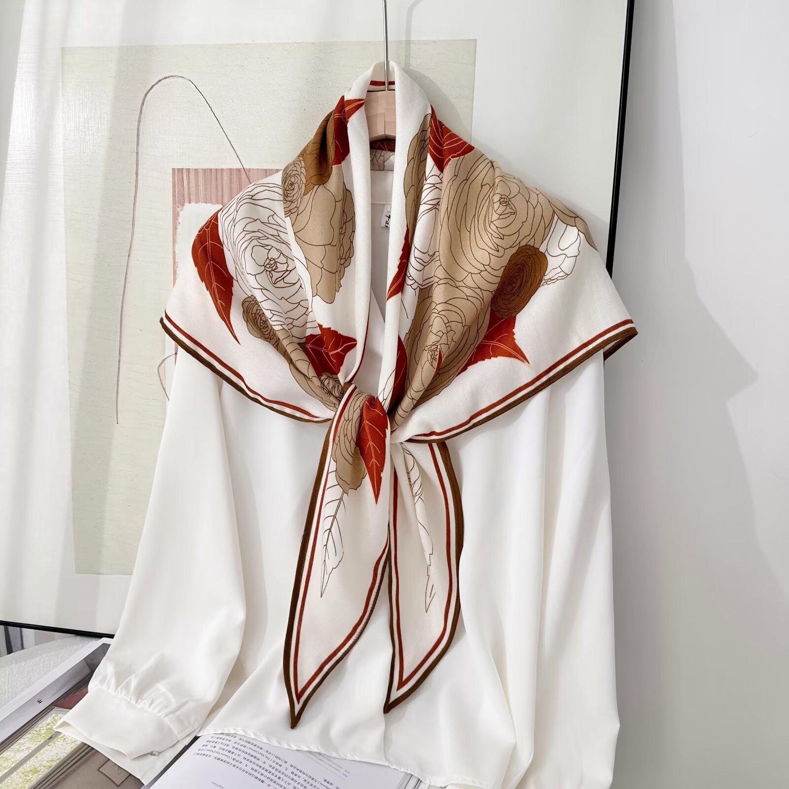2026 Korean Style Spring and Autumn Women s Velvet Printed Silk Scarf Camellia Triangular Scarf Scarf Accessory Travel Outer Shawl 155*95*63cm