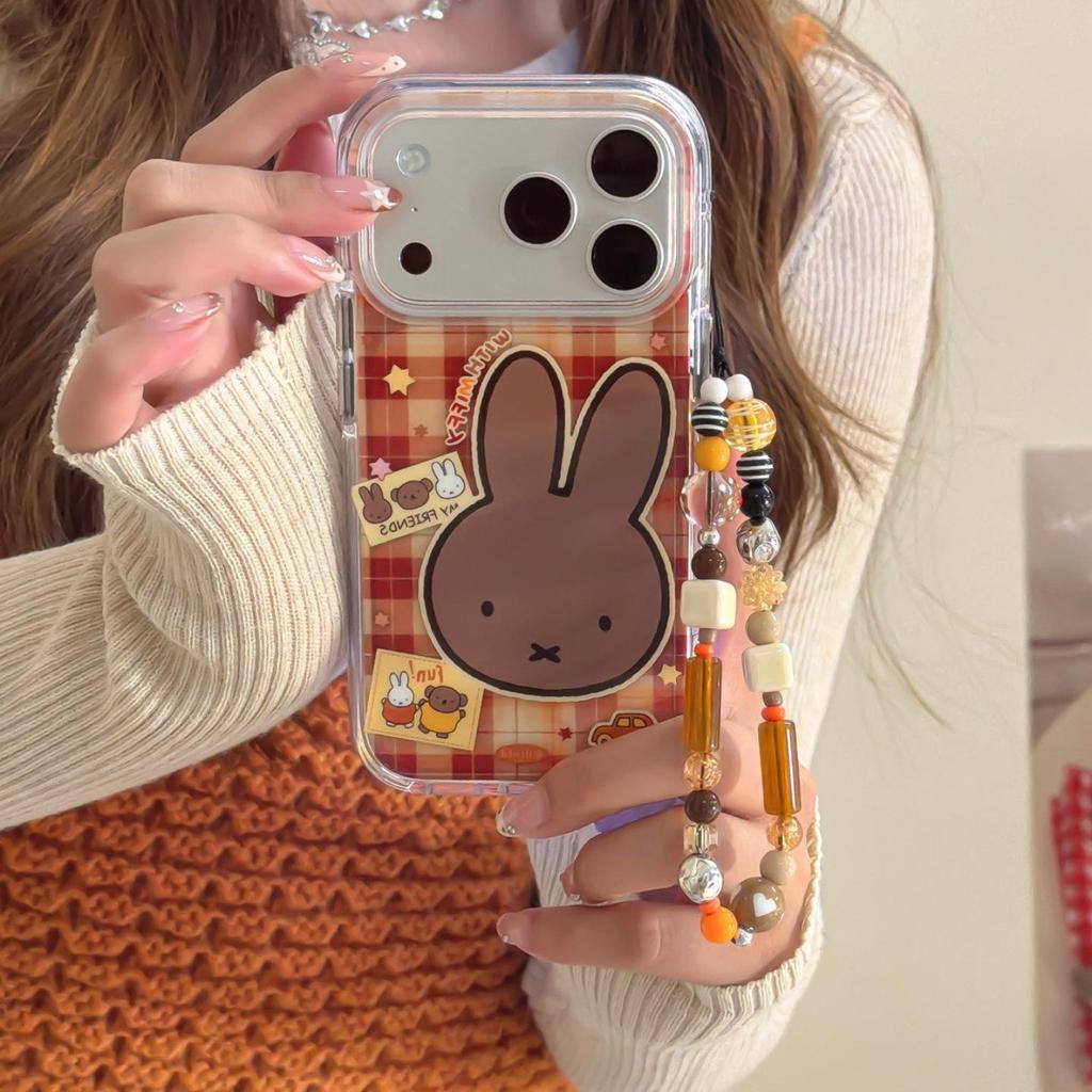 Black Plaid Leather Miffy Rabbit Case for iPhone 13 To 17 Pro/Max