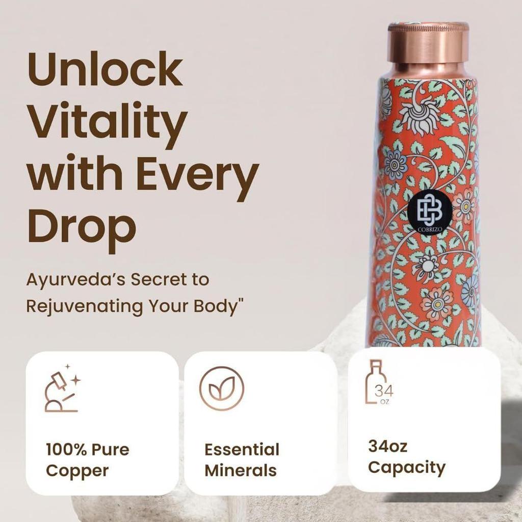 Pure Copper Floral Print Designer Water Bottle with Ayurvedic Benefits Rustproof & Leakproof Copper Bottle for Home School Gym Travel Bottle Drinkware