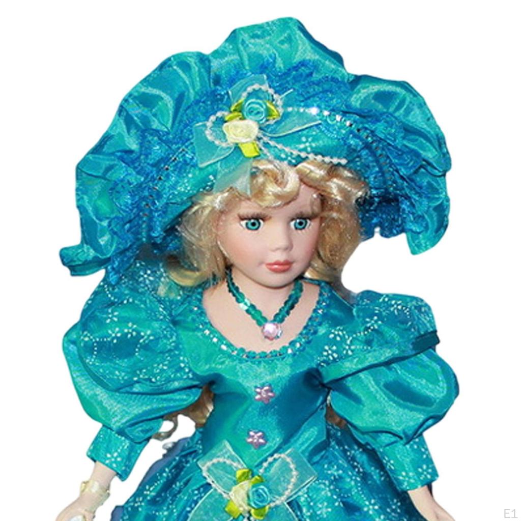 Ceramiczna lalka w sukience stojąca z kostiumem 15,75" kapelusz i włosy elegancko up porcelanowa