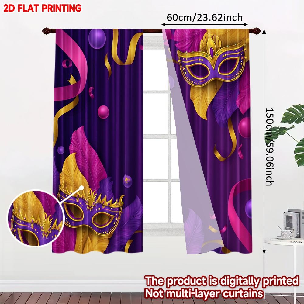 2D flat printing 2pcs Curtain Curtain Mardi Gras Festive Mask Digital Printed Polyester Drapes Party Decorations Perfect for All
