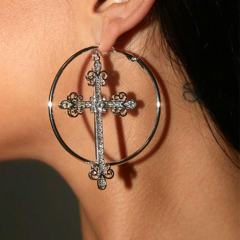 Retro Bling Crystal Cross Hoop Earrings Punk Aesthetic Luxury Korean Fashion Ears for Women Punk Jewelry Y2K Cool Stud Earrings