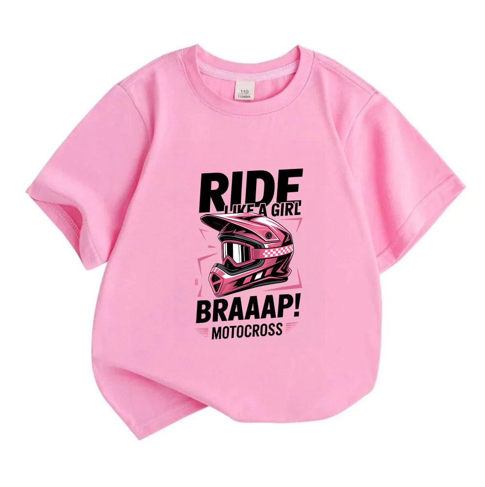 Kids Boys Girls 100% Cotton Crew Neck Short Sleeve T-Shirt, Funny Ride Like A Girl Braaap Motocross Dirt Bike Graphic Casual Tee Top For Youth