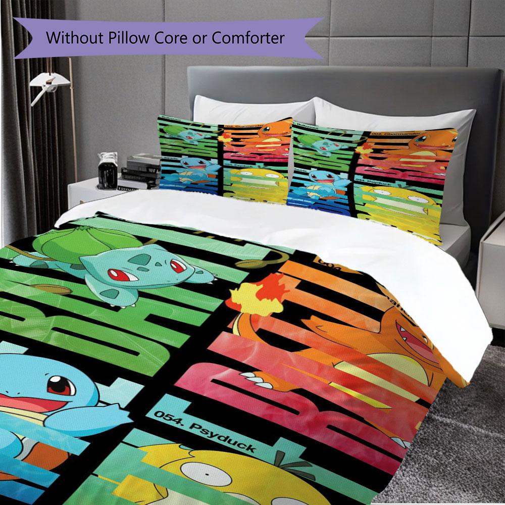 Set di biancheria da letto con stampa Pokémon da 3 pezzi include una copripiumino e una coppia di federe (riempimento non incluso), perfetto per l'uso in camera da letto.