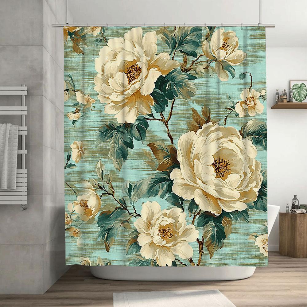 Vintage Style Shower Curtain With Floral Print Cream White Peony Design Decorative Bathtub Liner For Bathroom Home Accessories A