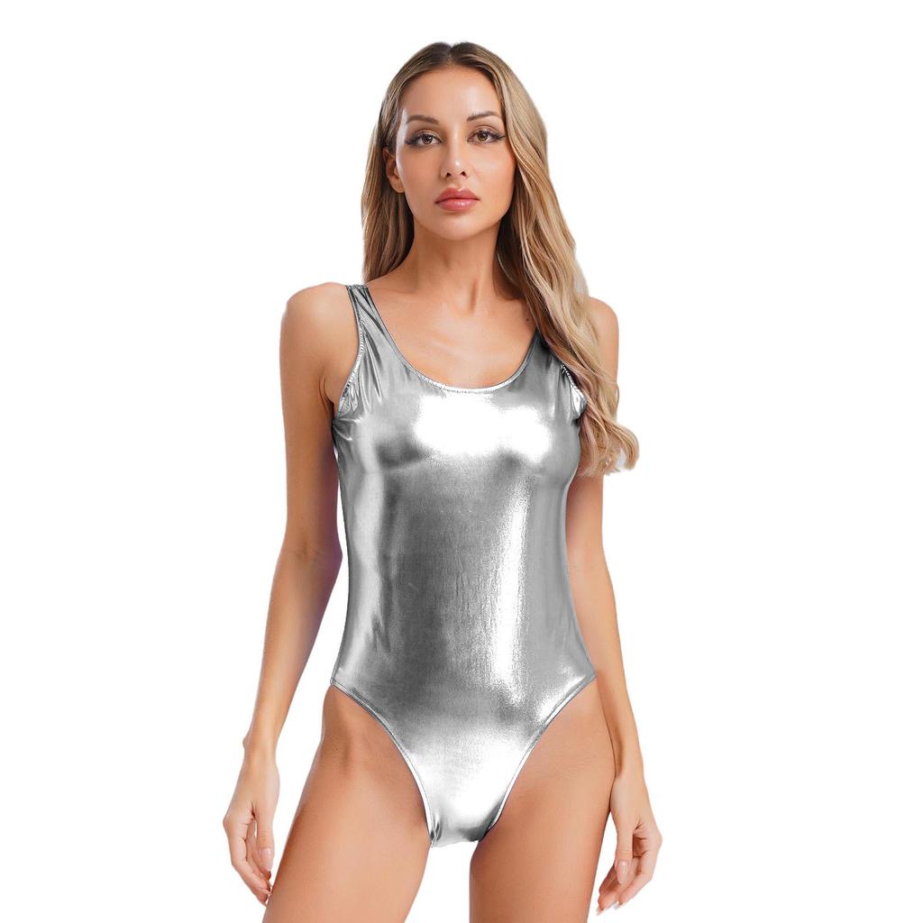 Dámské lesklé metalické body bez rukávů S-3XL - Taneční jógové gymnastické trikotové body Jumpsuit pro pódiové vystoupení Rave kostým