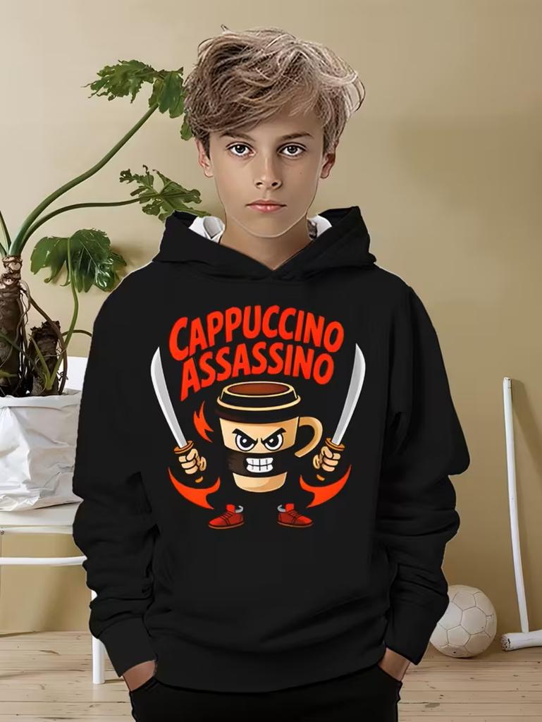 Trendy kids hoodie with weird cute cartoon character collage graphic, cozy breathable material, perfect for outdoor activities and casual trips.
