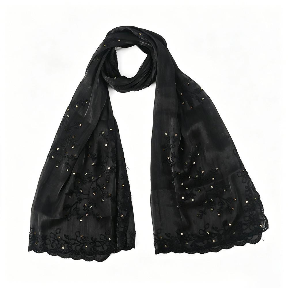 Flowy Sequin Floral Hijab Sparkly Sequin Embroidered Hijab Lace Edge Shawl Wedding Occasion