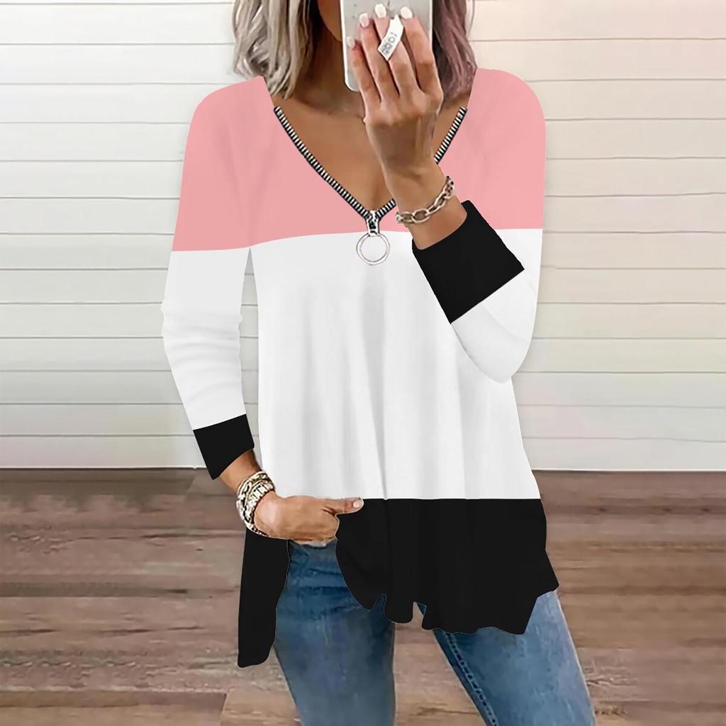 Women's Fashion Casual Zipper V- Neck Irregular Striped Geometric Print Long Sleeve Jacket