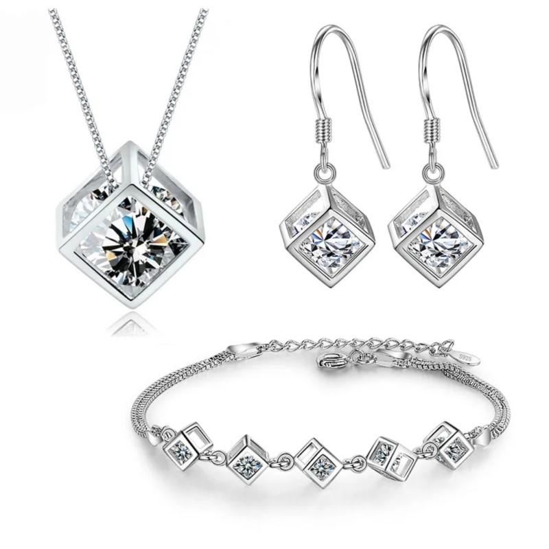 Moissanite Jewelry Cube Zircon Jewelry Sets for Women Necklace Bracelet Earrings Trend Statement Jewelry