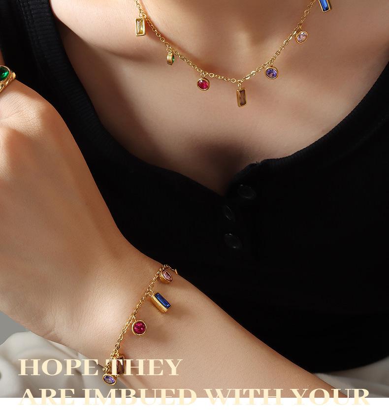 Luxury Multi-color Zircon Jewelry Set: Tassel Necklace with Niche Design Titanium Steel Bracelet