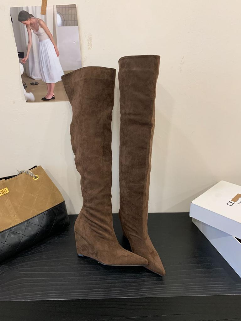 2025 Autumn and Winter New Big Tube Circumference Pointed Toe Over the Knee Boots Slope Heel High Boots Slope Heel Boots Stacking Boots