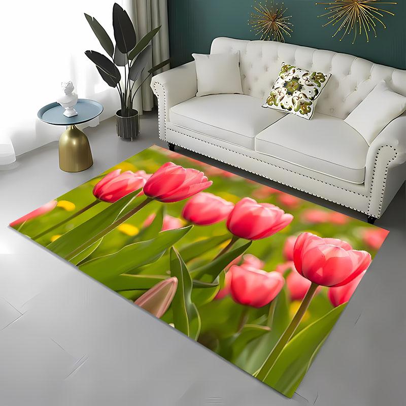 Krásný 3D tištěný koberec s tulipány do obývacího pokoje, ložnice Alfombra Protiskluzový měkký kusový koberec Pohovka Vstupní rohožka Domácí rohožka Dekor Tapete