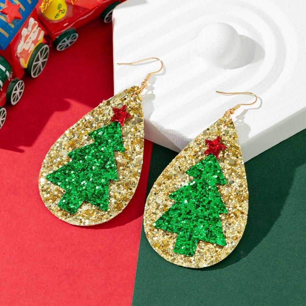 Glitter Christmas Earrings Leather Elk Drop Earrings Fashion Christmas Tree Ear Studs  Xmas