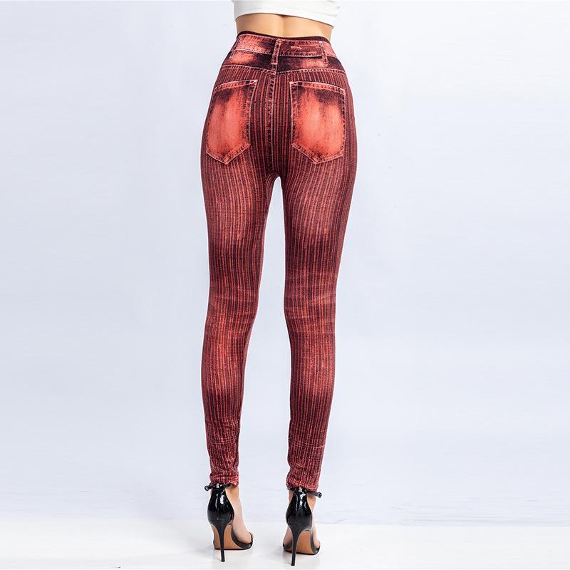 Women's Imitation Jeans Stretchable Slim Denim Pringting Leggings Hips Tights Pencil Pants High Waist Workout Gymwear