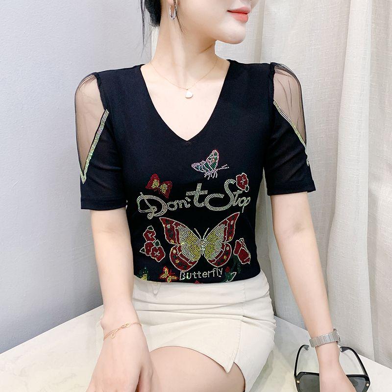 New European Women's Clothes Luxury Elegant T-Shirt Sexy Shiny Butterfly Hot Diamonds Mesh Top Tees Blouse