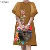 ZANZEA Women Casual Mesh Splice Short Sleeve Summer Floral Dress