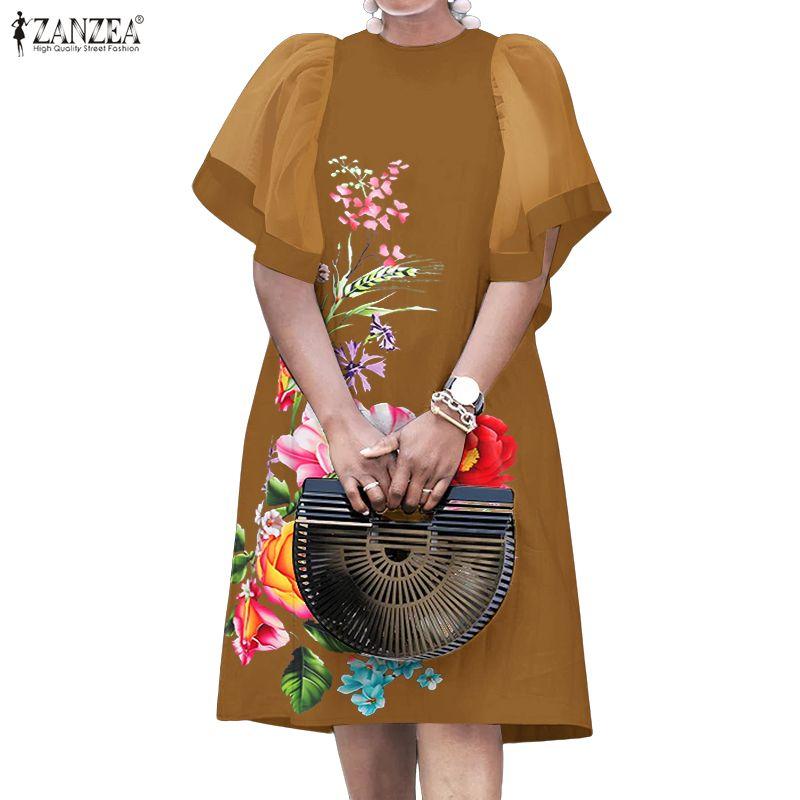 ZANZEA Women Casual Mesh Splice Short Sleeve Summer Floral Dress