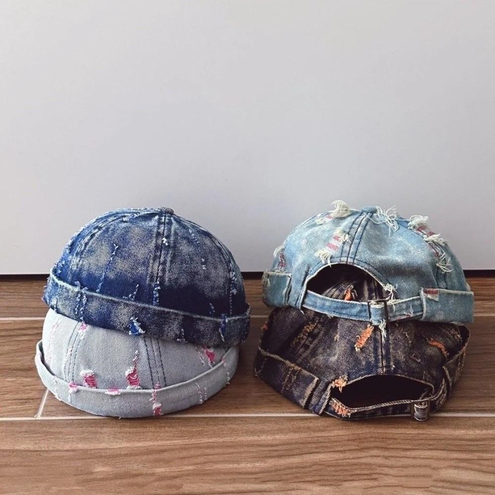 Frayed Edges Denim Docker Cap Cotton Polyester Blend Distressed Denim Hat Men Women
