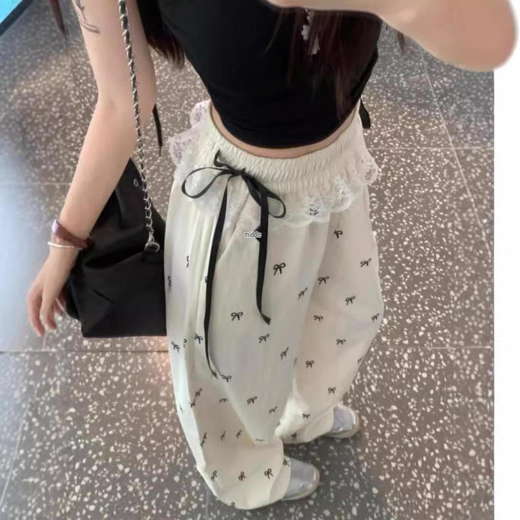 Sweet & Spicy Lace Patchwork Women's Wide-Leg Bow Pants - Summer Casual Elastic Waist Pants