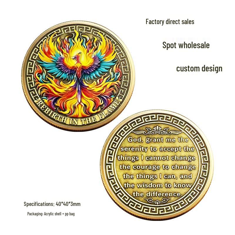 Fire Phoenix Rebirth Metal Relief Commemorative Coin - Inspirational and Lucky Gift 40x40x3mm золотой