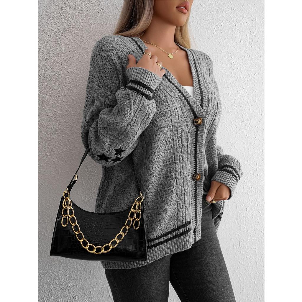 Autumn Winter Loose Knitted Cardigans Coat Women Star Embroidery Sweaters Streetwear Vintage Casual Single Breasted Long Sleeve Top
