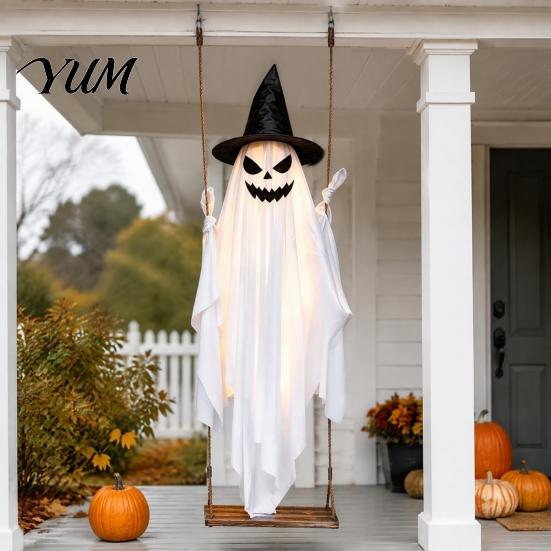 Gruselige Gartendekoration für Halloween-Party, Leuchtende hängende Geisterdekoration, Groß auf einem Zaubererhut Verandaschaukel mit Hexe Vorderer Baum Leuchtendes Dämonengesicht