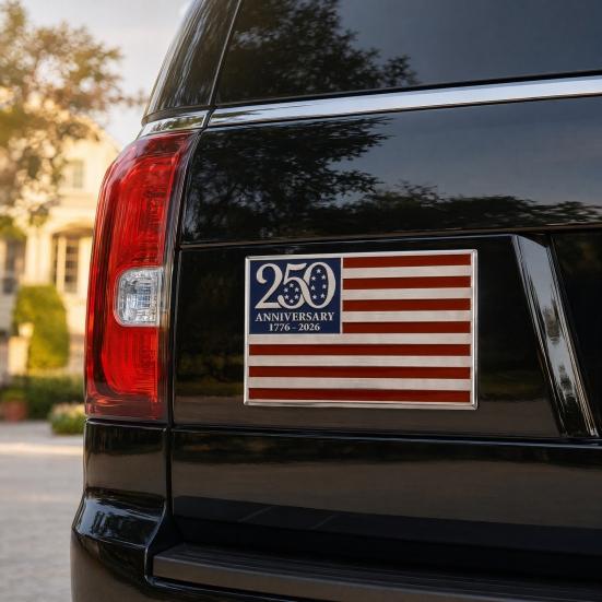 250th Anniversary Flag Metal Emblem Patriotic Red Blue White Auto Badge 1776-2026 America