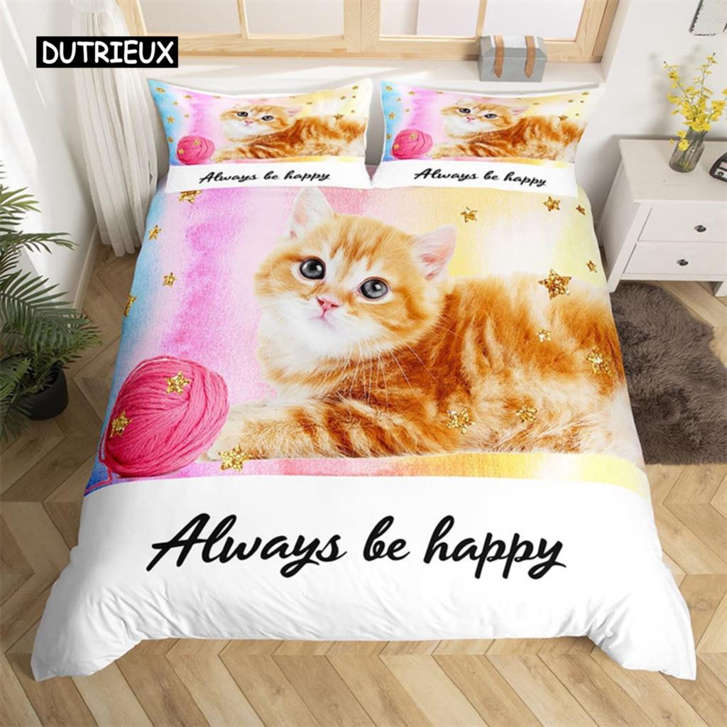 Cat Duvet Cover Set Cat Lover Gifts Bedding Set Microfiber Cute Kitten Pattern Animal Theme Double Queen King Size Quilt Cover