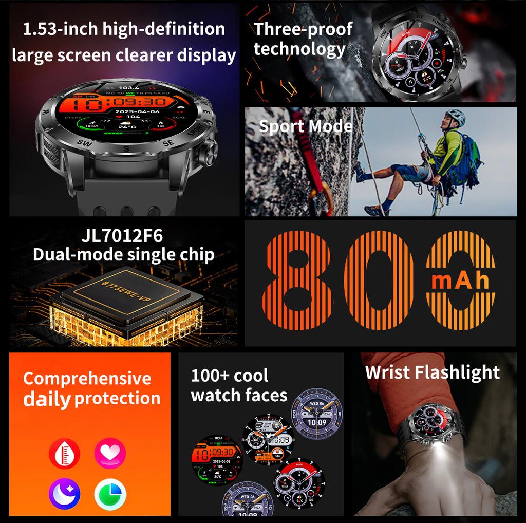 SACOSDING 800mAh Large Capacity Battery Smart Watch Men's Outdoor Compass Flashlight IP68 Sports Fitness Voice Calling Man Smartwatch