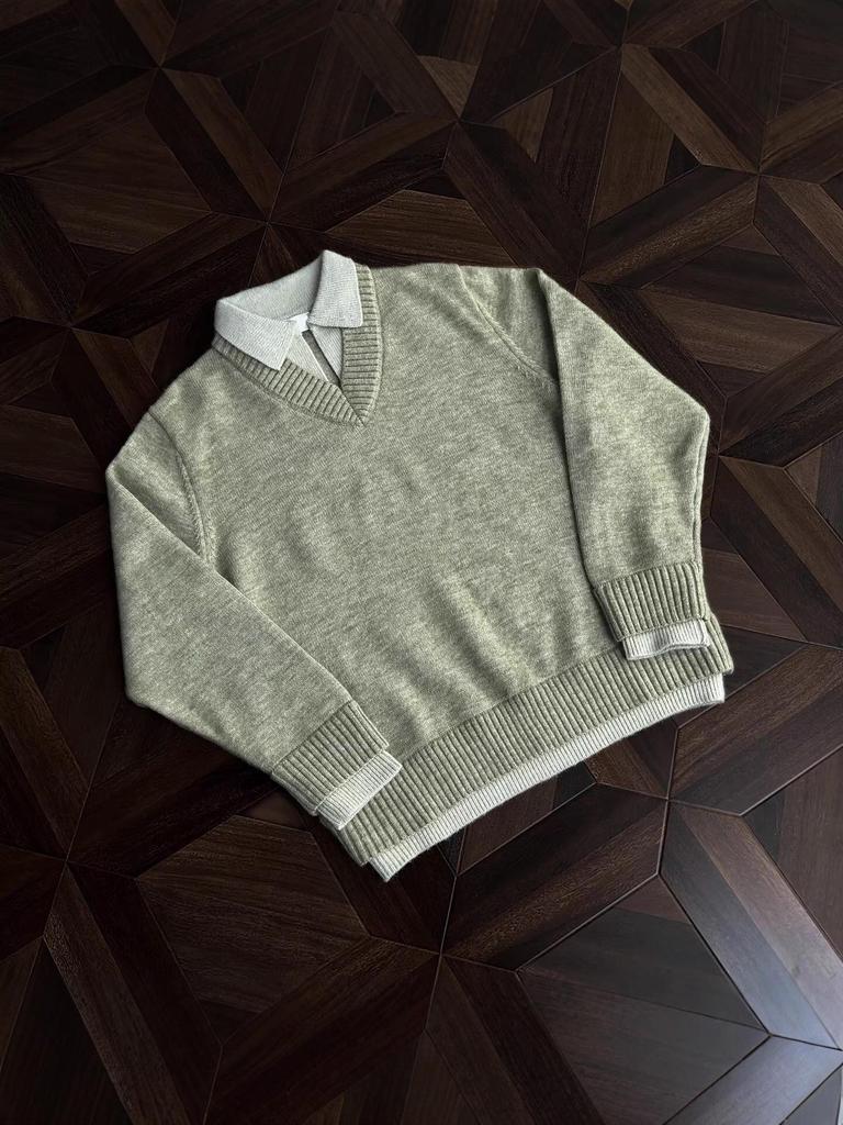 Herren V-Ausschnitt Retro-Stil Strickoberteil - Fake Zweiteiler, Winter Kragen, Lockerer Schnitt