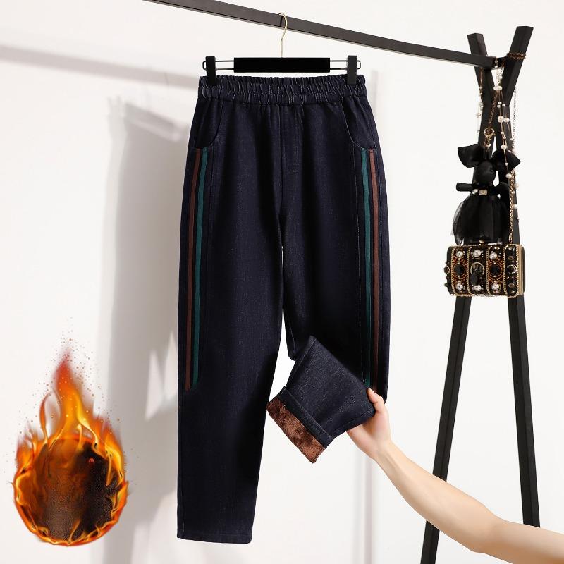 DIMANAF 2025 Autumn Winter Women Plus Size Jeans Pants Thick Denim Casual Lady Long Pants Flocking Oversized Loose Bottoms