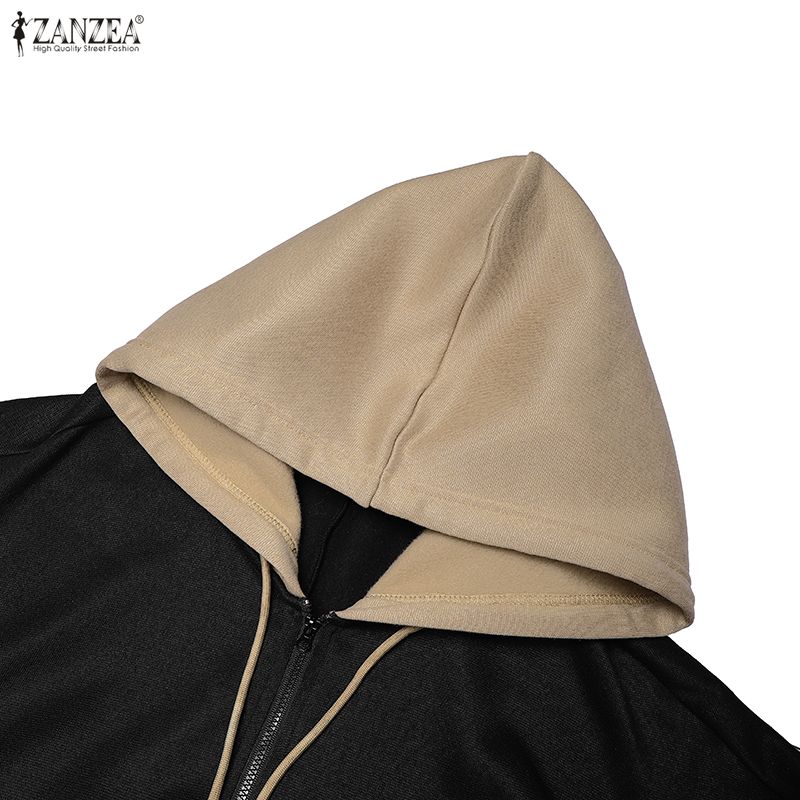 ZANZEA Women Long Sleeve Casual Patchwork Long Hooded Sweatshirts