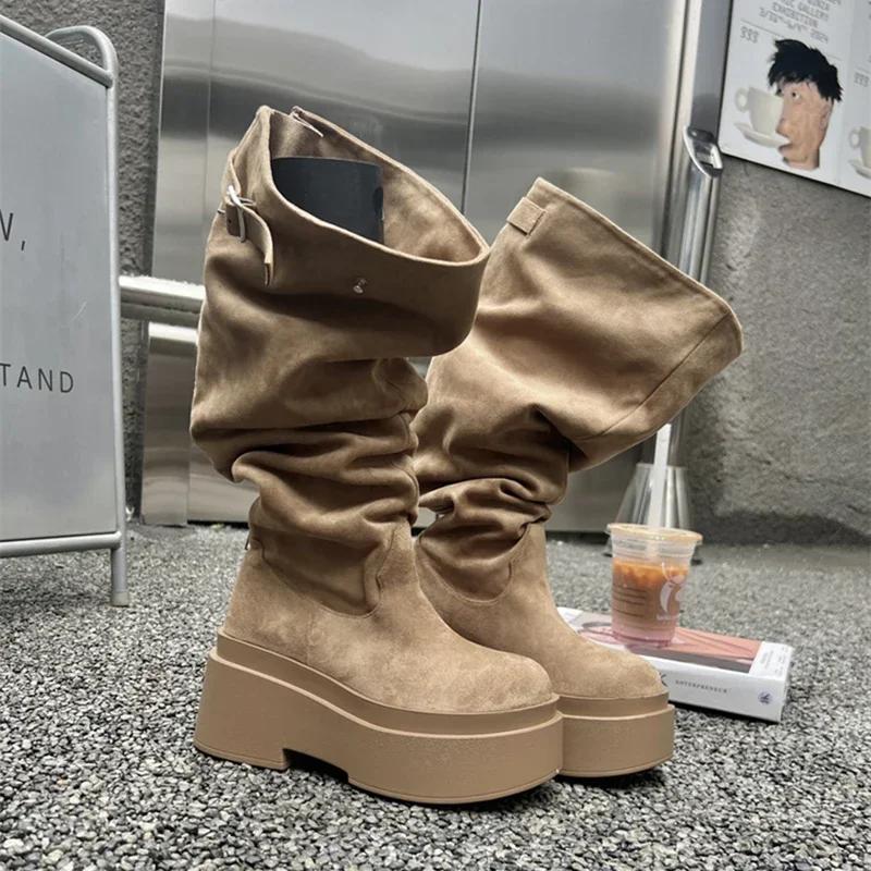 

Зимние женские сапоги на платформе до колена, модные длинные сапоги без застежек, уличные женские элегантные туфли на высоком каблуке 37 хаки