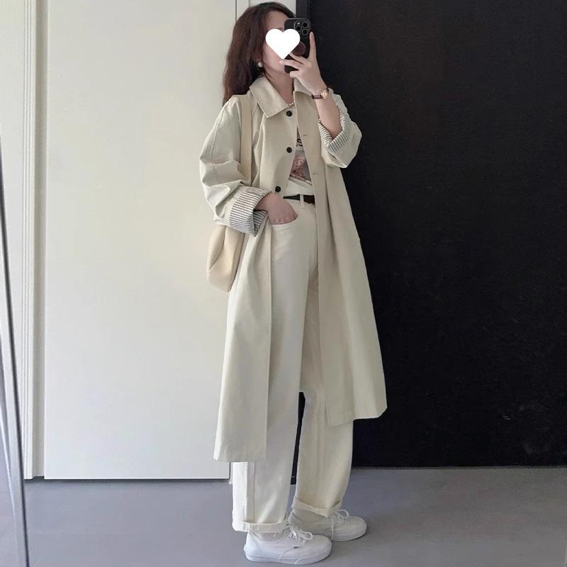 Damen Petites Beiger Mittellanger Trenchcoat: Britischer & Japanischer Stil, Frühling/Herbst, Lockerer Schnitt, Lässig