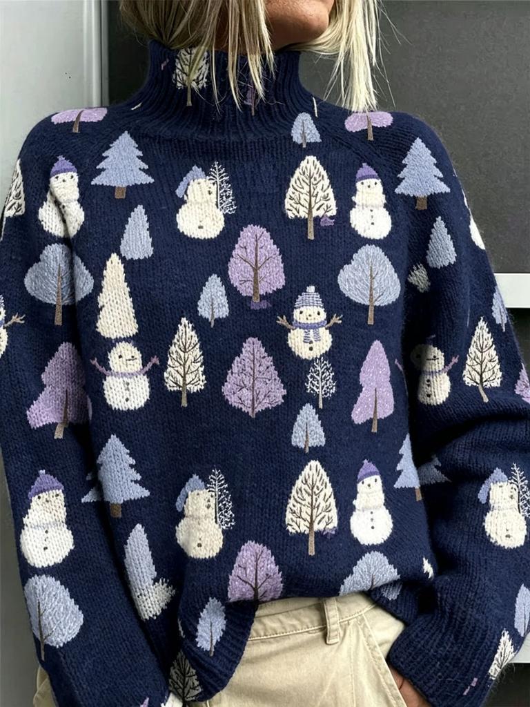 Winter women's new snowman tree print turtleneck casual imitation sweater Christmas sweater