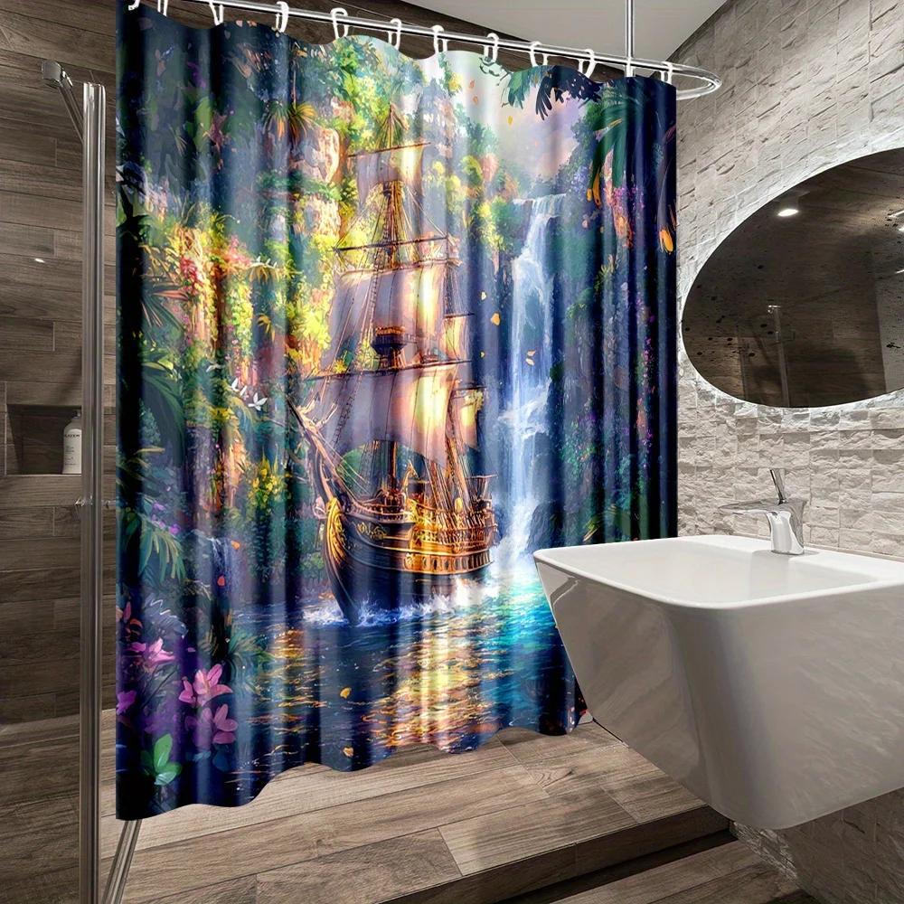 1Pc Scenic Sailboat Shower Curtain With Beautiful Nature Landscape Polyester Fabric For Bathroom Decoration Includes 12 Hooks 70
