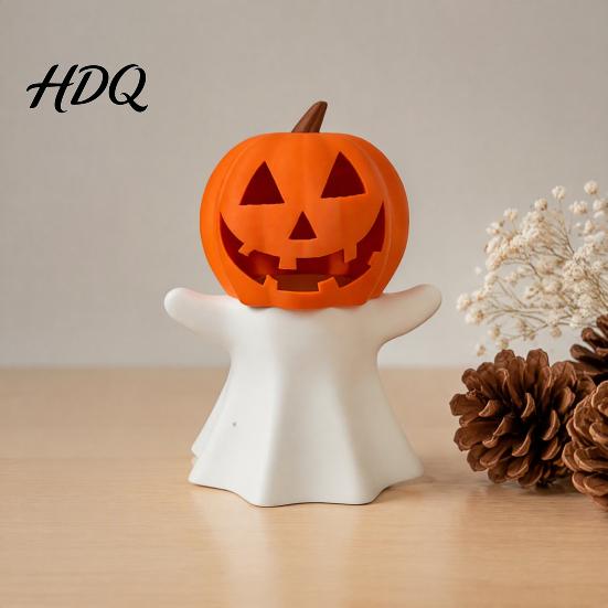 Zucca Decorativa Portacandele Fantasma di Halloween LED Elettronico Supporto Decorazione Festa Autunnale Ornamento Stampato 3D per Festa Casa