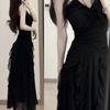 French Chic Black Halter Ruffle Strap Dress - Sexy Long Design for Spring/Summer