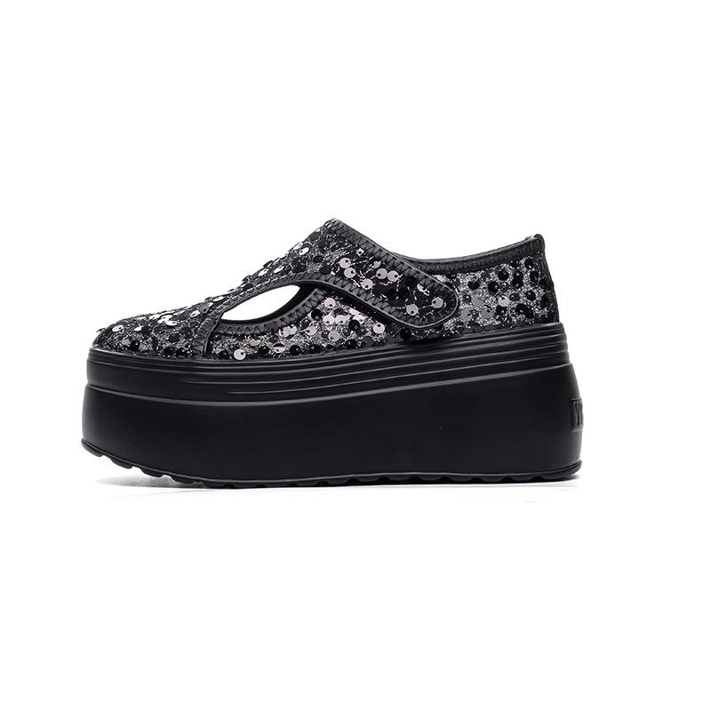 Mesh Breathable Sequins Women's Platform Shoes Women's 2025 Summer New Muffin Shoes Velcro Low-top Round Head Solid Color