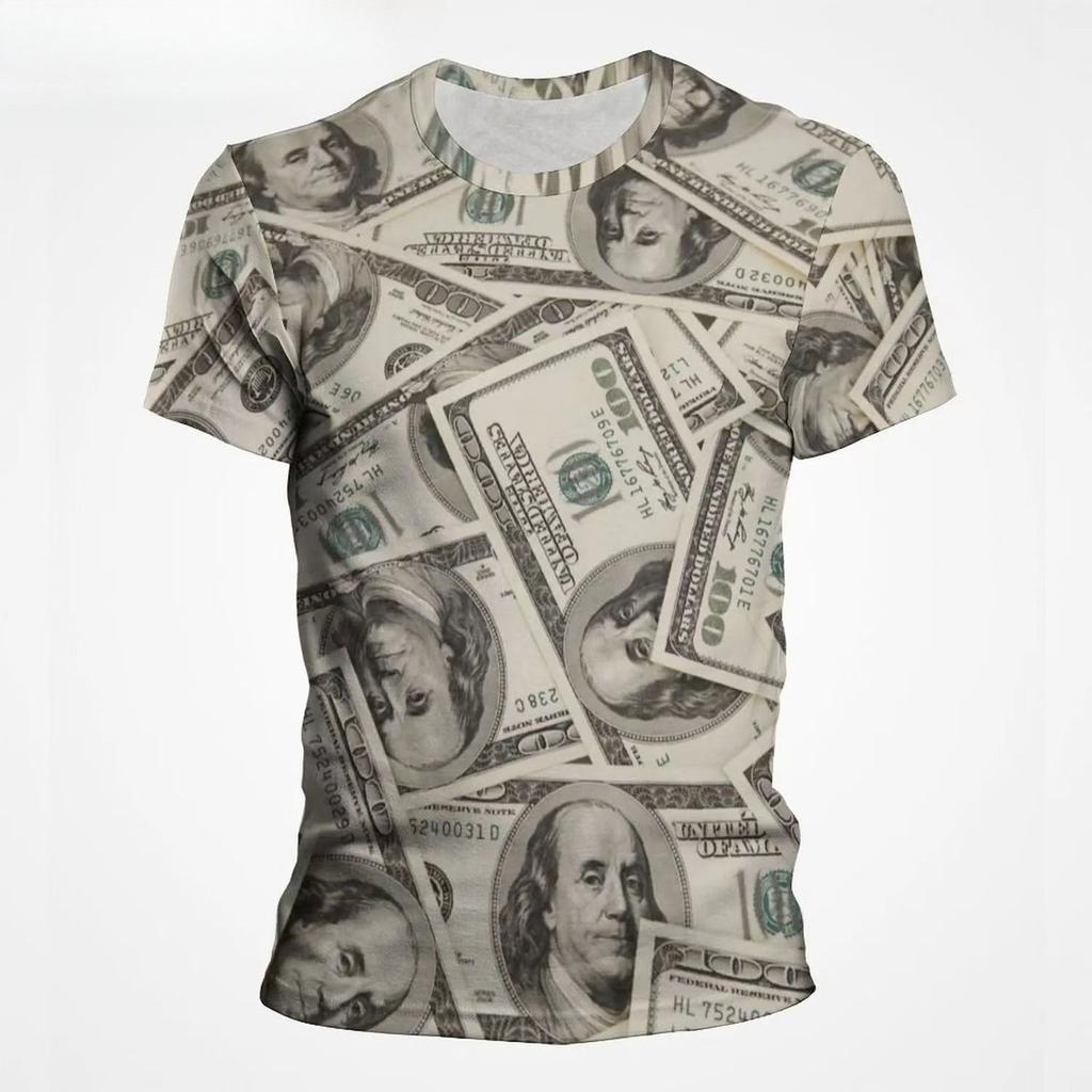 Summer Men's Round Neck Short Sleeved T-shirt Comfortable Fashionable Breathable Sweat Absorbing Money Pattern 3D Printed Loose Large T-shirt