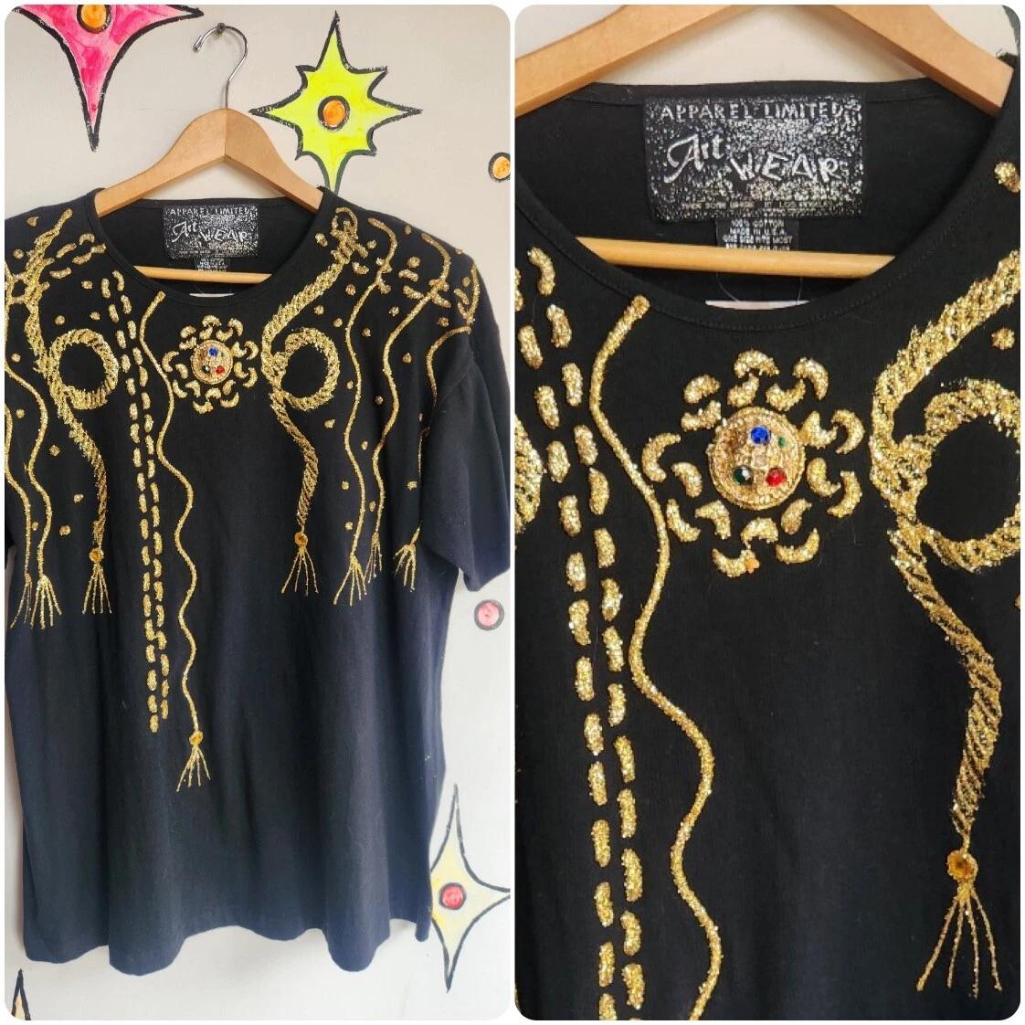 Vintage 1980s | Black Embellished Punk Goth Bedazzled T Shirt | Size L L