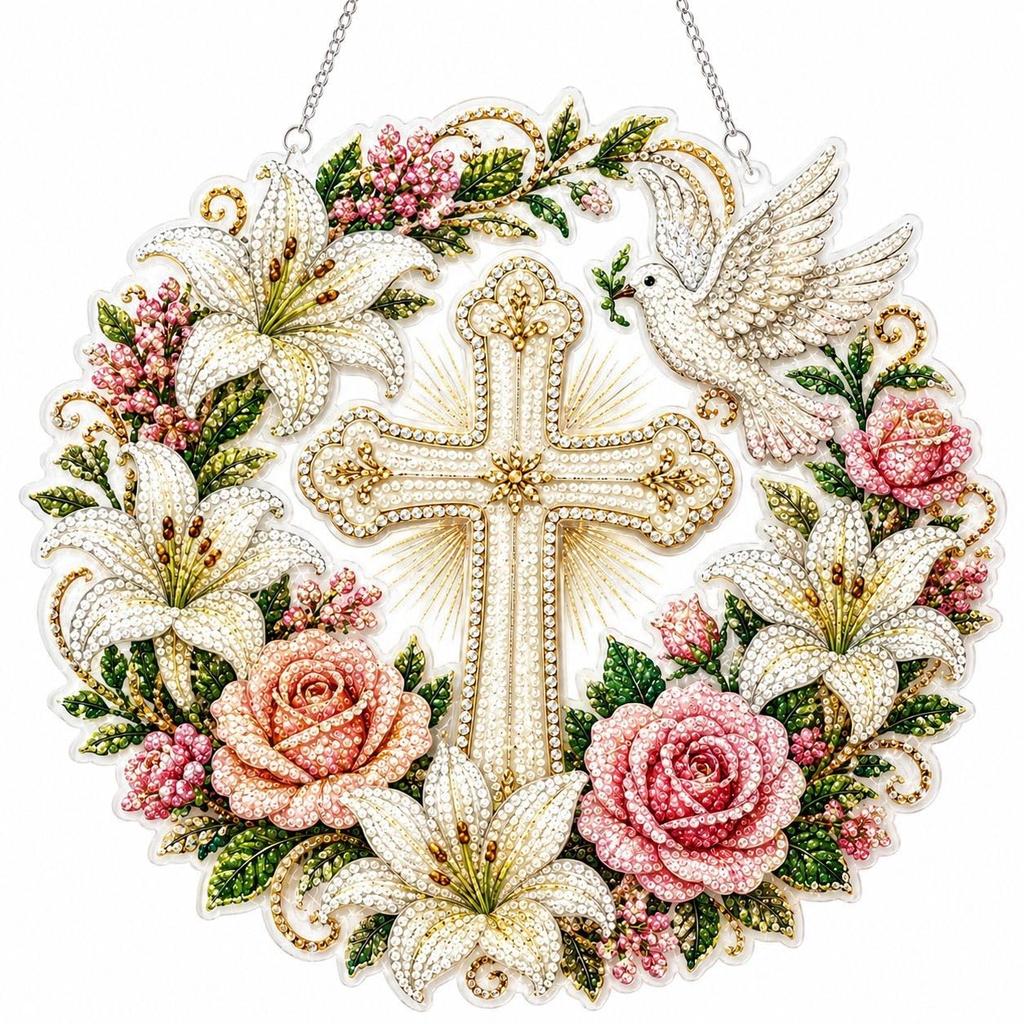 Cross, Flowers, and Peace Dove Diamond Painting Hanging Kit, Religious DIY Diamond Painting Light Catcher with Crystal Pendant